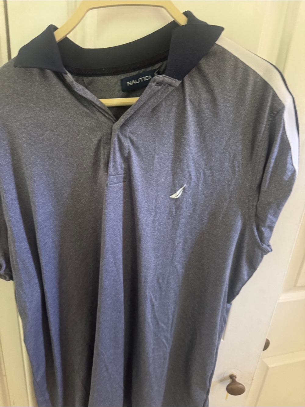 Nautica Men's Gray Polo with Navy Collar and White Shoulder Stripe